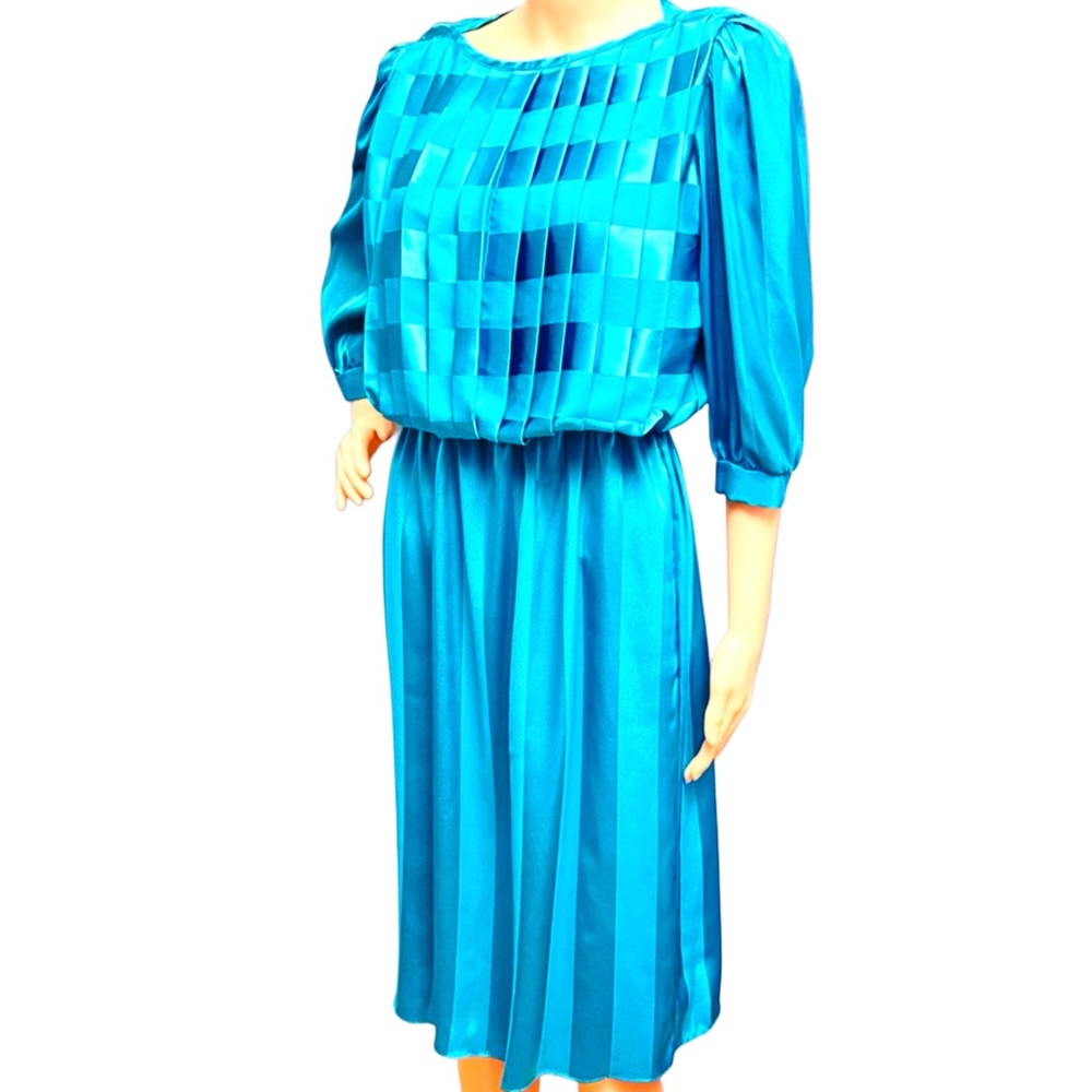 VTG 80’s Alexis Designer Luxury Silk Turquoise Pleated Long Sleeve Retro Dress M